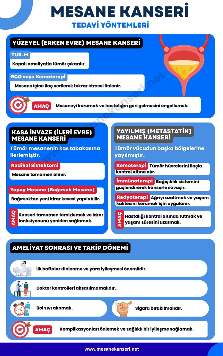 Mesane kanseri tedavi yöntemleri, TUR-M, BCG, radikal sistektomi, yapay mesane, kemoterapi, immünoterapi, radyoterapi ve ameliyat sonrası takip infografiği"